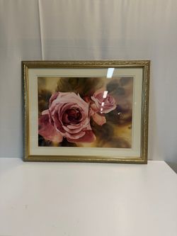 Botanical Rose Floral Art Print in Ornate Gold Frame