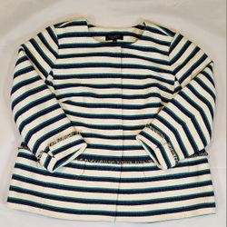 Talbots 16wp Green ,Blue and Ivory Striped Fringe Trim Cotton Blazer Jacket 