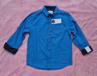 Level Ten Boys 14 Blue Poplin Shirt Geometric Long Sleeve Button Up Collar NWT