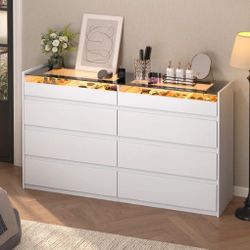 White 8 Drawer Dresser for Bedroom, Modern Chest of Drawers, Jewelry Dresser Display with Glass Top and LED Light, Dressers Organizer for Bedroom, Clo