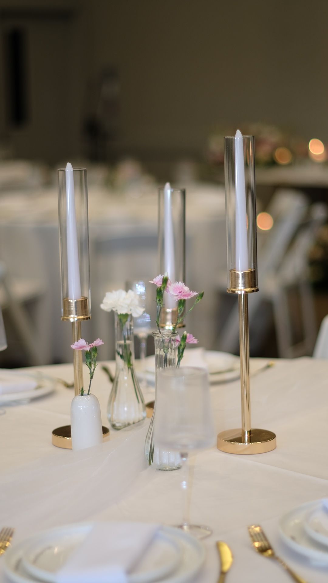 Set Of Tree 18”, 20” And 22”Tall Gold Hurricane Candlesticks Holder with Glass Cylinder Cover