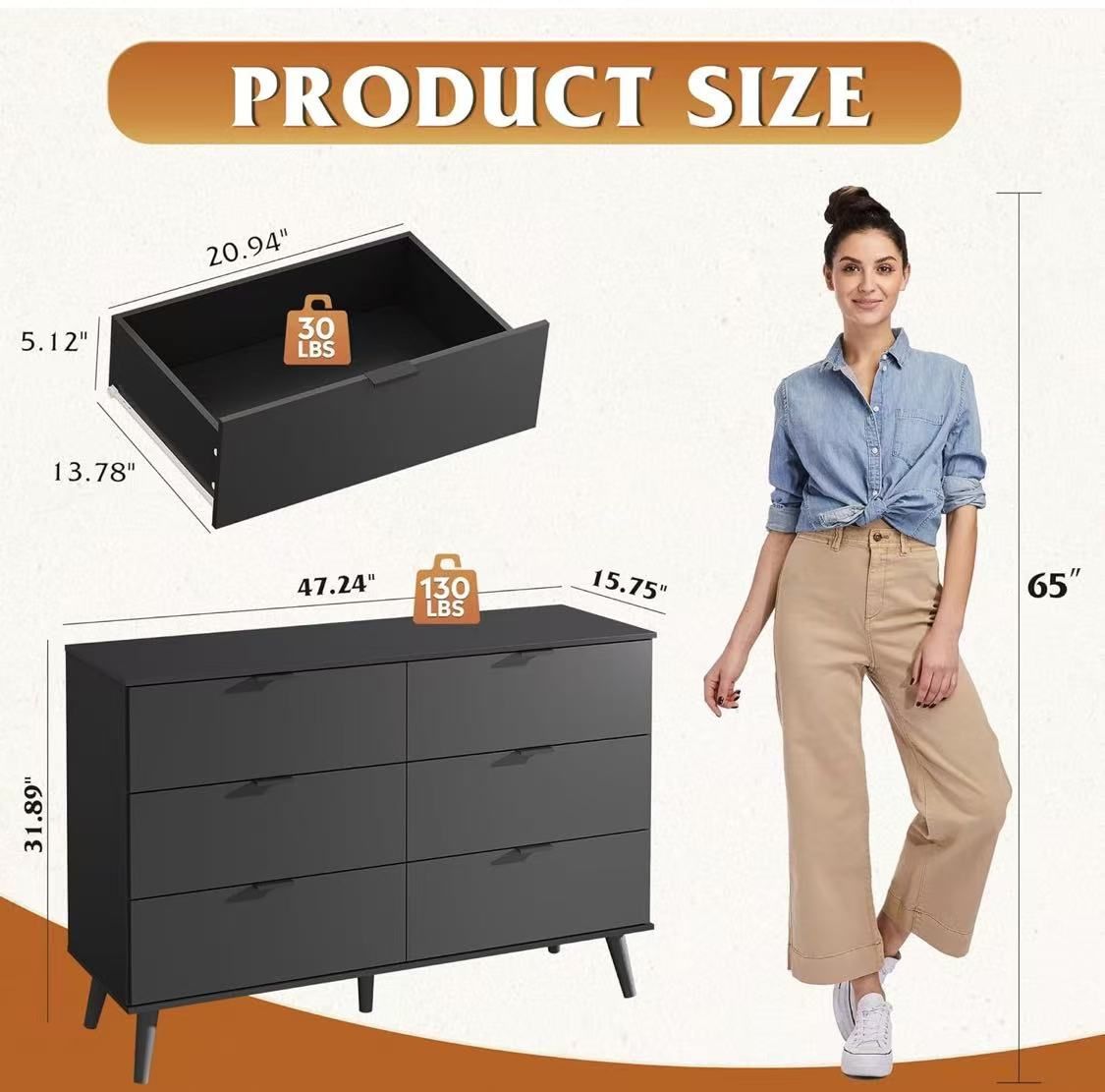 ✌️ Black Dresser for Bedroom, 47.24'' Wide 6 Drawer Wood Dresser Storage Organizer with Sturdy Metal Handle, TV Stand for 55 inch TV, Chest of Drawers