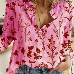 Women's Casual Loose Fit Long Sleeve Shirt - Floral Print with Red Flowers on Pink