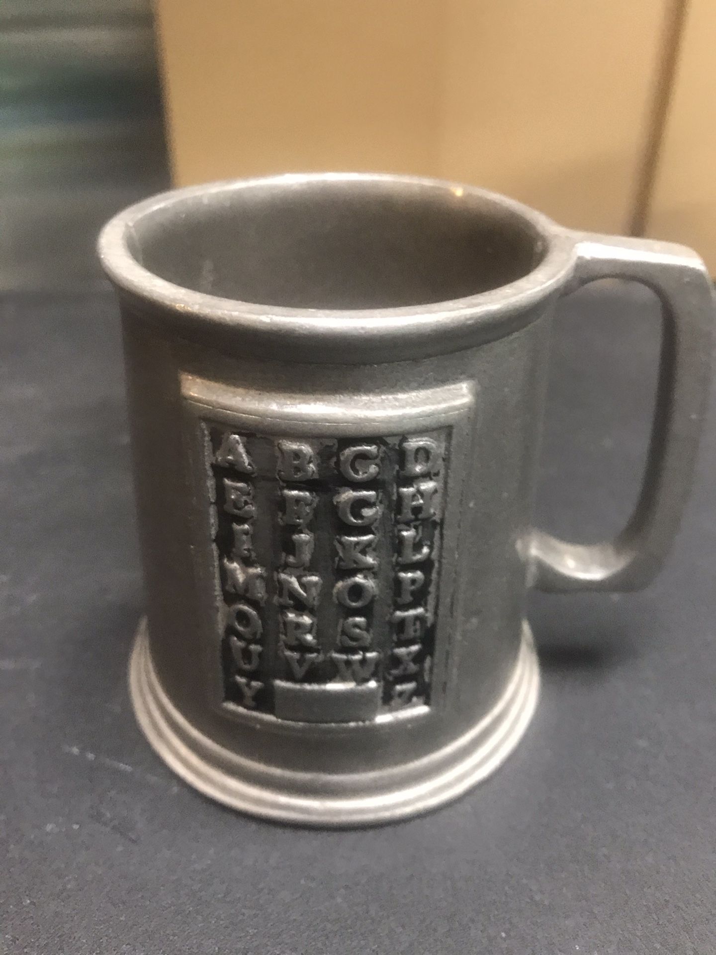 Antique English Childs Pewter Alphabet Cup Metal Mug Baby Shower Gift and Nursery Decor