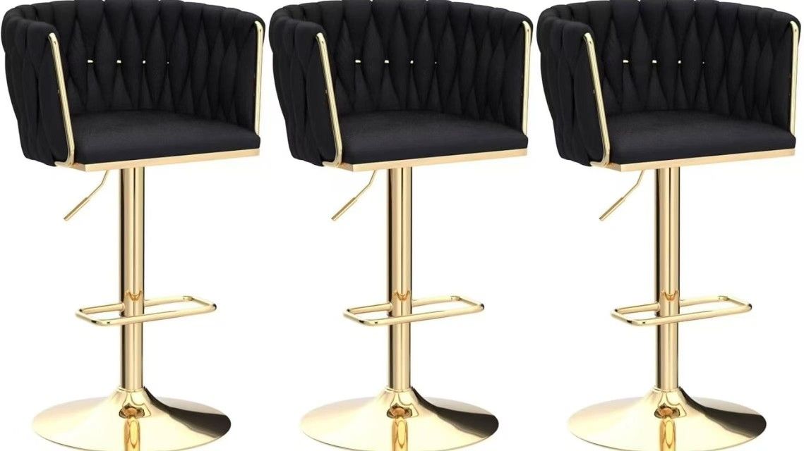 Velvet Bar Stools Set of 3, Swivel Counter Height Bar Stool with Woven Back, Gold Kitchen Bar Stools for Kitchen Island, Cafe, Pub, Bar Counter (Black