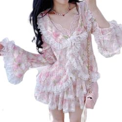 Y2K Japanese Style Lightweight Baby Pink Chiffon Flower Print with White Double Layer lace Ruffle Big Collar Floral Long Sleeve Blouse Cardigan M-XXL