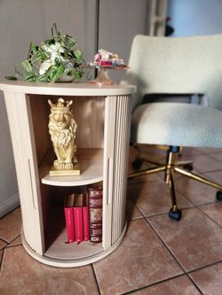 Oak Finish Fluted Round End Table Nightstand with Sliding Tambour Door