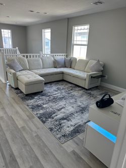 WEUP 7 Seat L Shaped Sectional Sleeper Sofa Bed with Pull Out Bed, Chenille Sectional Sleeper Couch with Ottoman, Adjustable Backrest, USB Ports, LED,