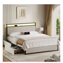 KOUSEI Queen Bed Frame with Headboard, Platform Bed with 2 Drawers, Velvet Upholstered Bed Frame with LED Lights & Charging station，Beige