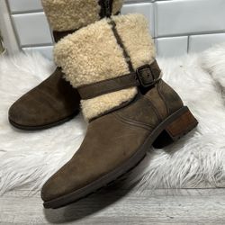 UGG Blayre II Brown Suede Leather Sheepskin Fur Trim Ankle Boot Women Size 7 