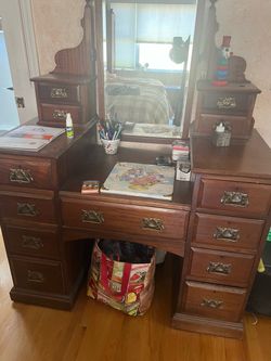 Antique Wood Vanity Desk with Mirror