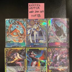Have these one piece TCG cards up for sale or trade!    Preferably looking for the Mihawk SP