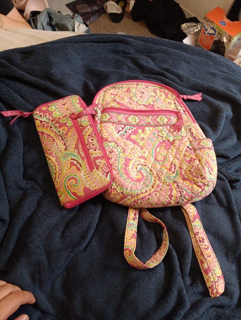 Vera Bradley Capri Melon Medium Backpack And Wallet Quilted Cotton Pink Paisley 