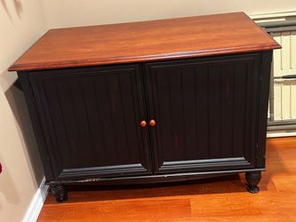 ✨ Two-Tone Black & Natural Wood Hideaway Armoire Desk / Computer Credenza ✨