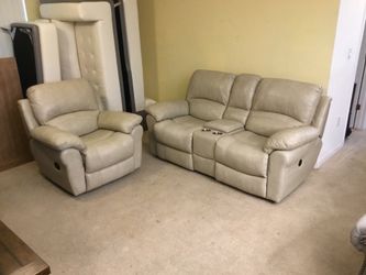 Beige Leather Reclining Loveseat and Matching Recliner