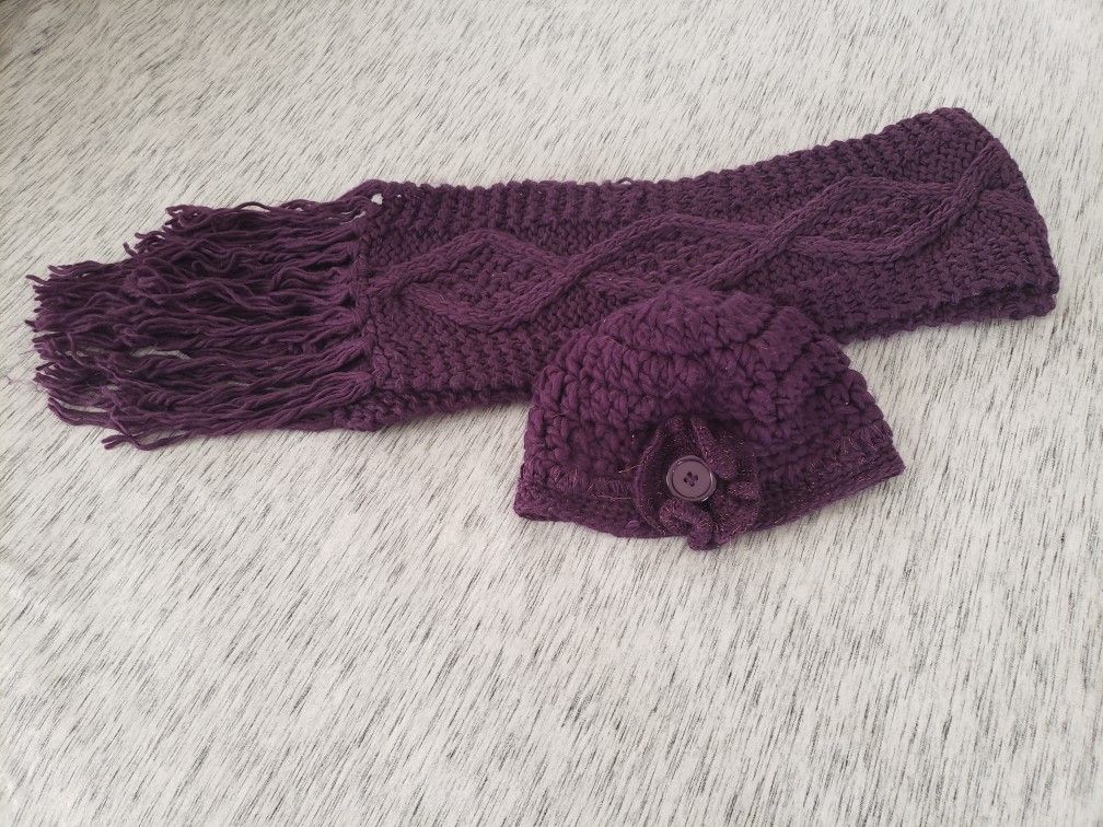 Purple Cable Knit Beanie & Scarf Set
