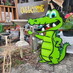Alligator Holding Welcome Sign  43" Tall Metal 