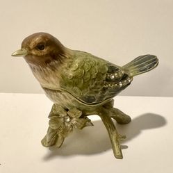 Vintage Bejewelled Brass, Enamel & Gilt NIGHTINGALE Trinket Dish - Cloisonne 3”T