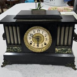 Antique E Ingraham 8 Day Mechanical Black 8 Pillar Mantle Shelf Gong Chime Clock