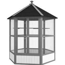PawHut 69" Wooden Hexagonal Outdoor Aviary Flight Bird Cage With Covered Roof, Light Gray