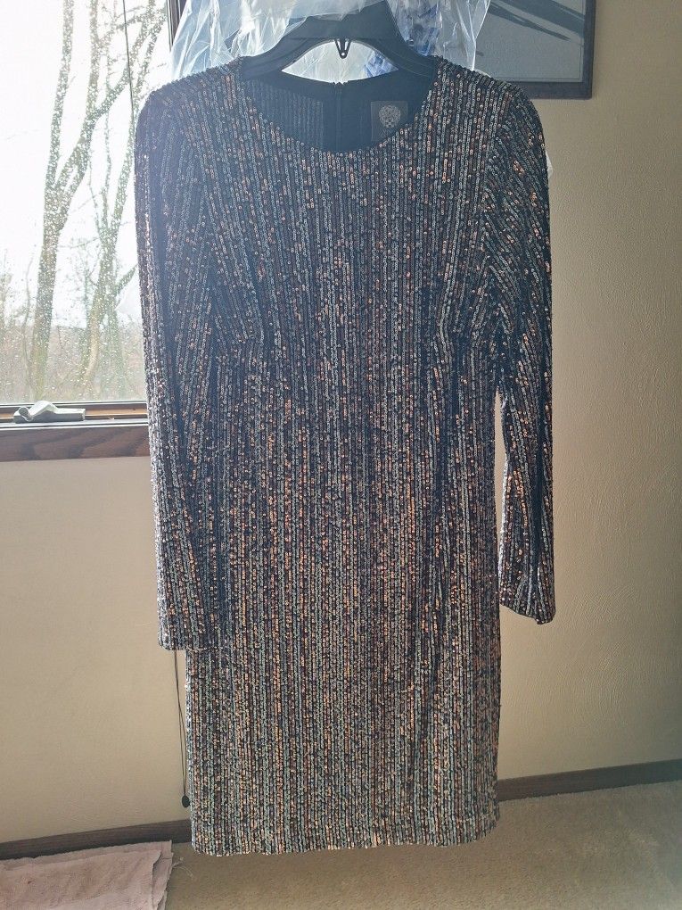 Vince Camuto Copper Sequined Long Sleeved Cocktail Dress