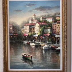 Grand Mediterranean Harbor Oil Painting by Daniel Young – Custom Framed