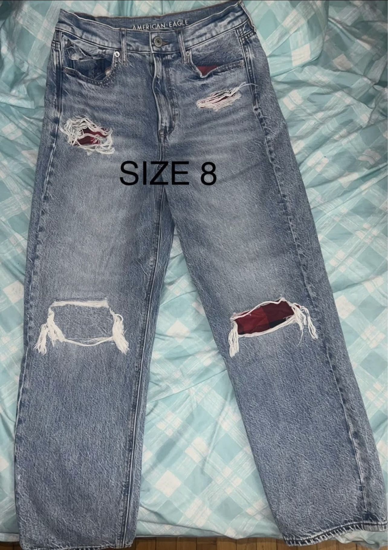 American Eagle Ripped Mom Jeans – Size 8 – Distressed with Red Patches 