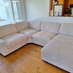 New 4 Piece Corduroy Sectional.  Beige Or Grey.  90x127x66.  Free Delivery!