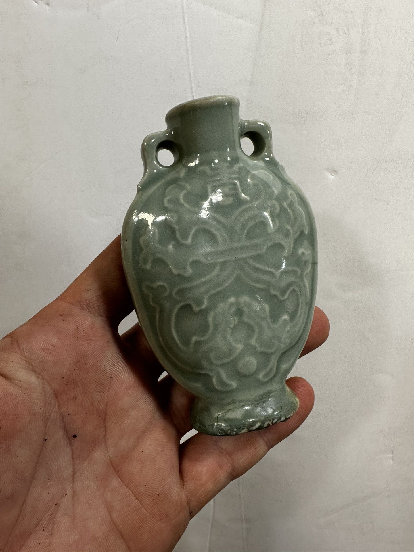Antique Chinese Qing Period Celadon Porcelain Porcelain Moon Bottle Flask