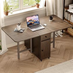 Small Drop Leaf Table - 59"  Folding Dining Table 4-6 Seater with Storage and Lockable Wheels, Space-Saving for Kitchen or Dining Room ,Walnut