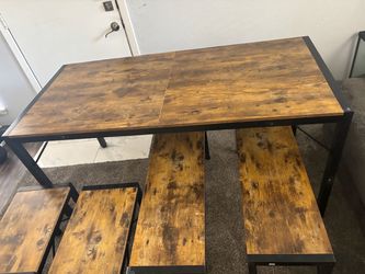 Industrial Wood and Metal Dining Table with Benches
