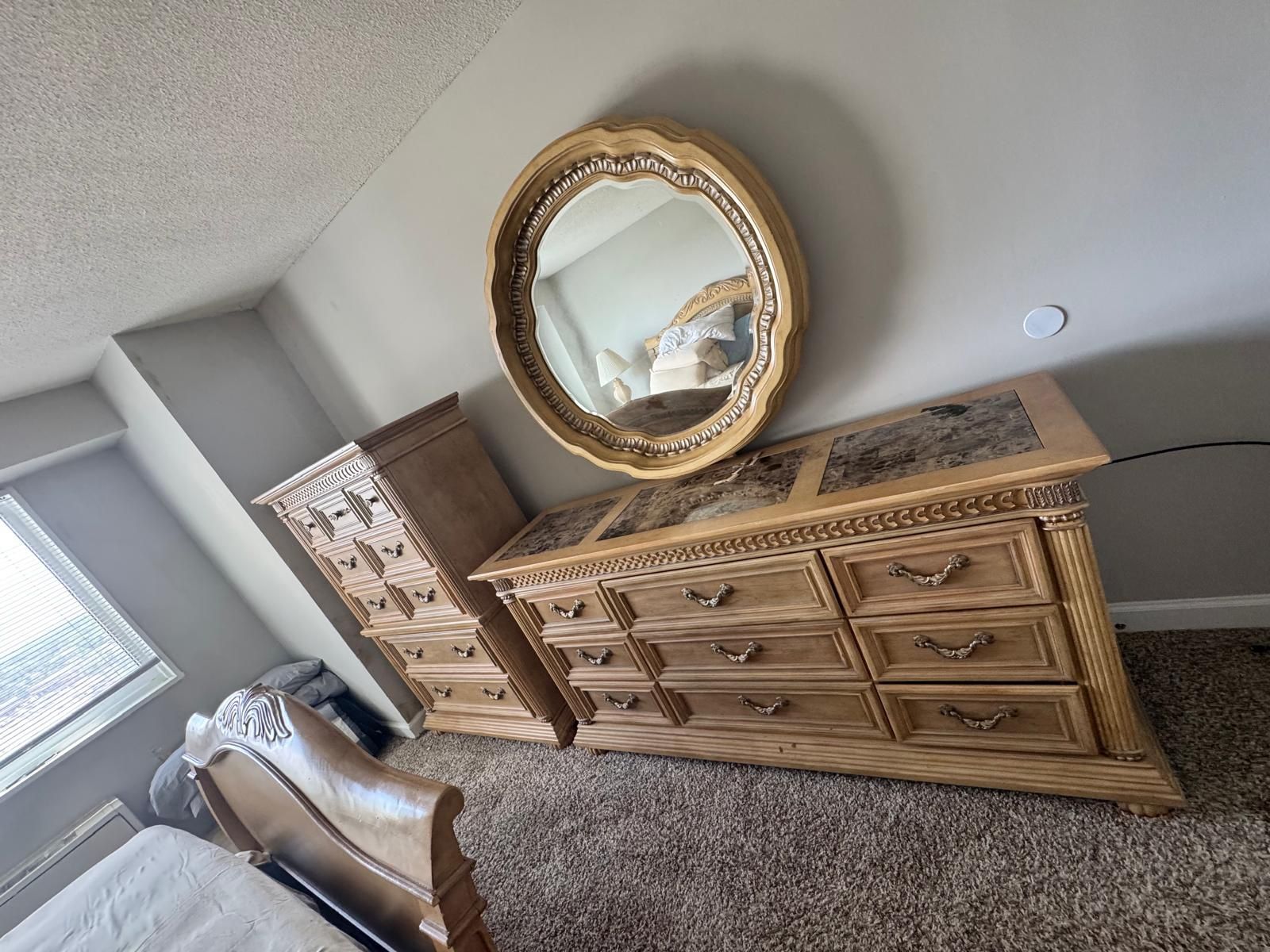 7 piece Tan Bedroom Set: dresser, mirror, chest, 2 nightstand, queen bed & frame