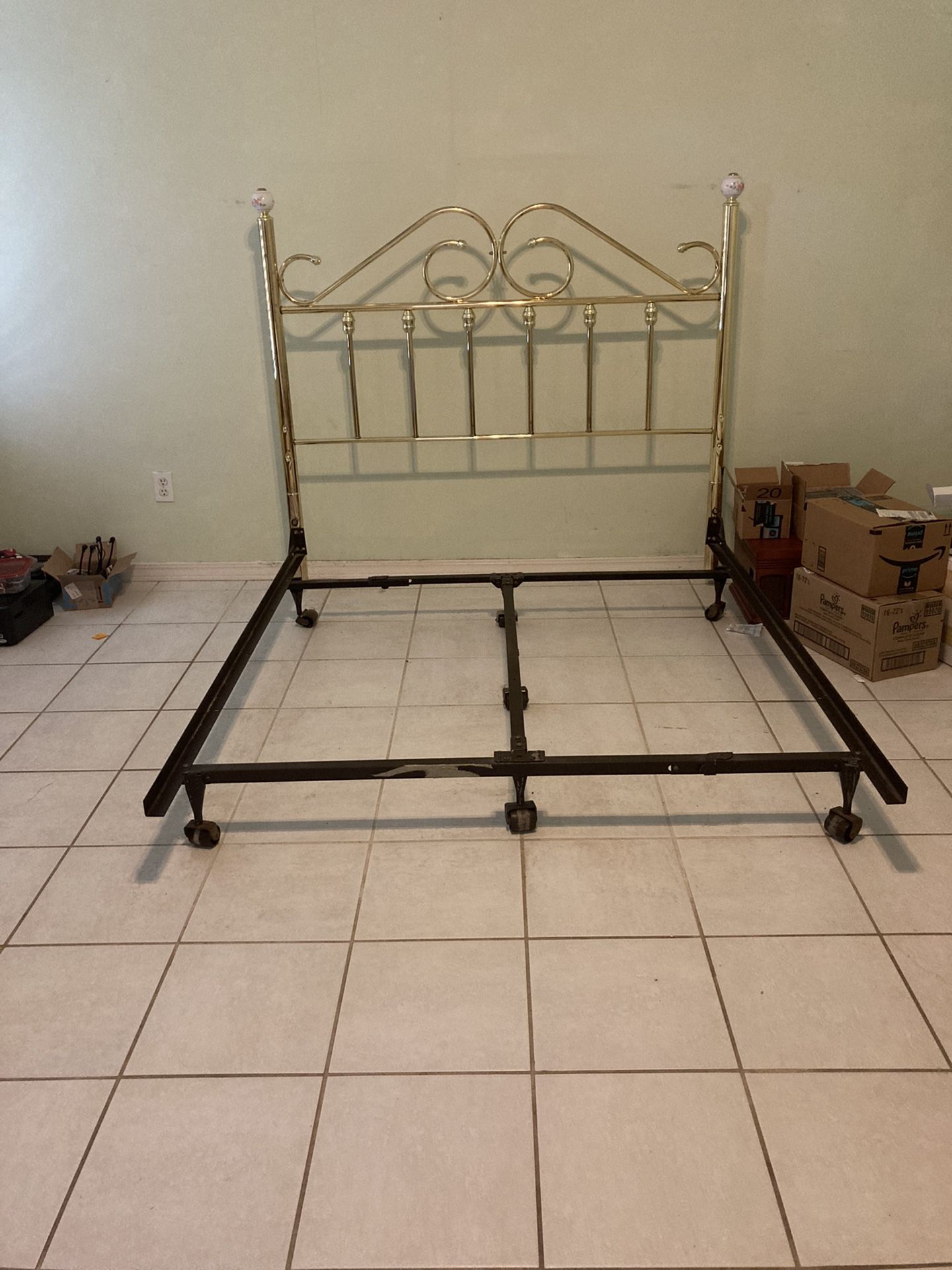 Bed Frame with Brass Head Board QUEEN