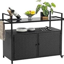 Outdoor Bar Cart Table - Patio Console Storage Cabinet BBQ Grill Carts Buffet with Wheels Waterproof Wicker Serving Tables for Outside, Black