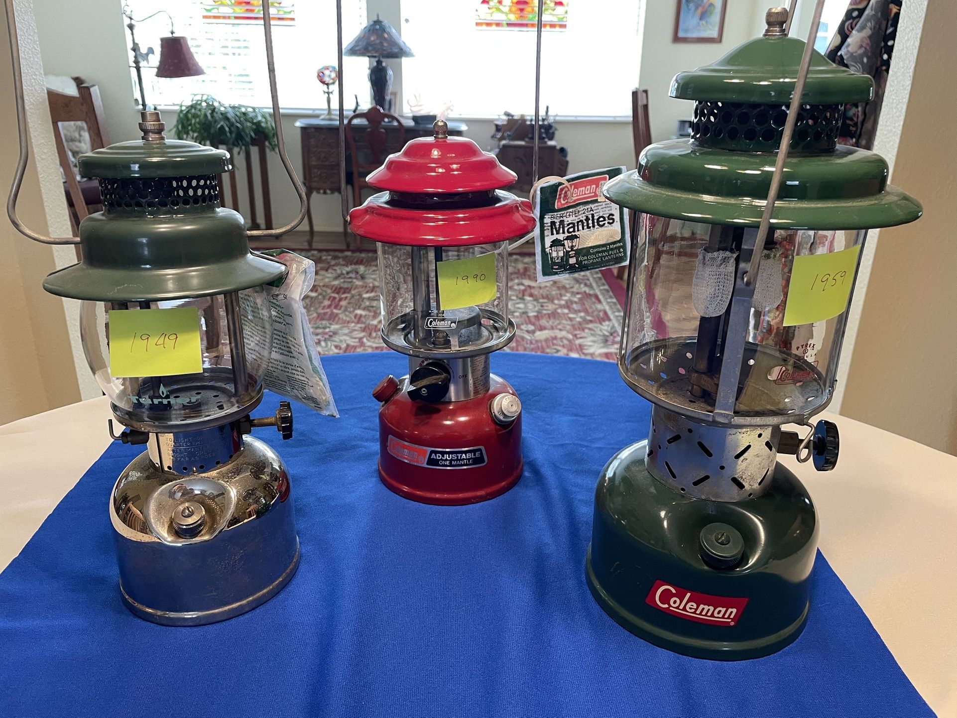 Coleman Vintage Lantern Collection.1949 Chrome (242C), 1959 (220E) Green & 1990 Red (286 A)1 Price