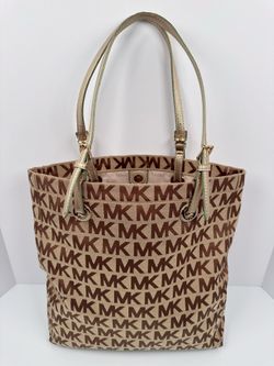 Michael Kors Jet Set Signature Handbag Tote Bag Purse Jacquard/Leather Tan/Brown