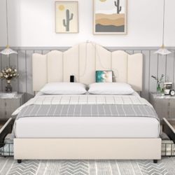 BRAND NEW West Elm Beige Queen bed frame and headboard with storage 