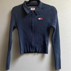 Tommy Hilfiger Badge Zip-Thru Rib-Knit Cropped Cardigan Sz M