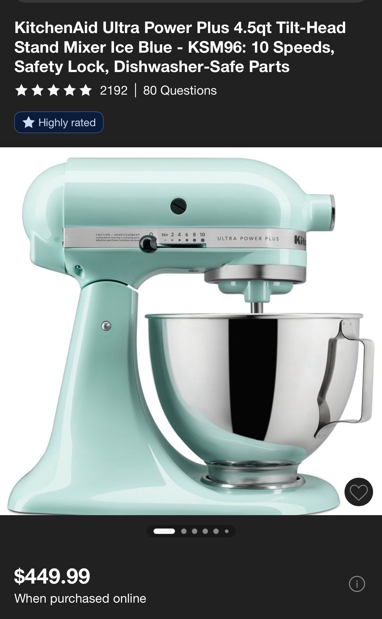 KitchenAid Ultra Power Plus 4.5qt Tilt-Head Stand Mixer Ice Blue - KSM96: 10 Speeds, Safety Lock, Dishwasher-Safe Parts