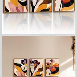 VIYYIEA Framed Canvas Boho Floral Wall Art, Abstract Colorful Botanical Artwork Painting Prints Wall Decor for Bedroom Living Room Farmhouse Office (S