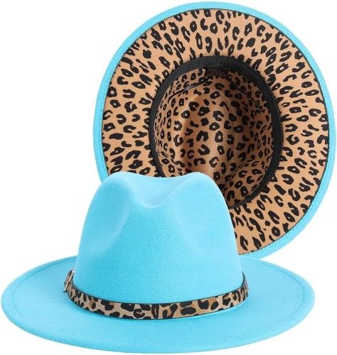 Men Women Two Tone Classic Wide Brim Fedora Hat with Teal Leopard One Size