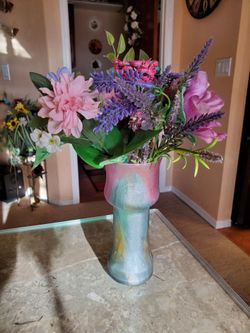 7 inch tall, blue/green/pinkvase