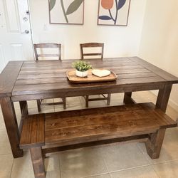 Solid Wood 6FT Farmhouse Dining Table + Bench and 2 Chairs