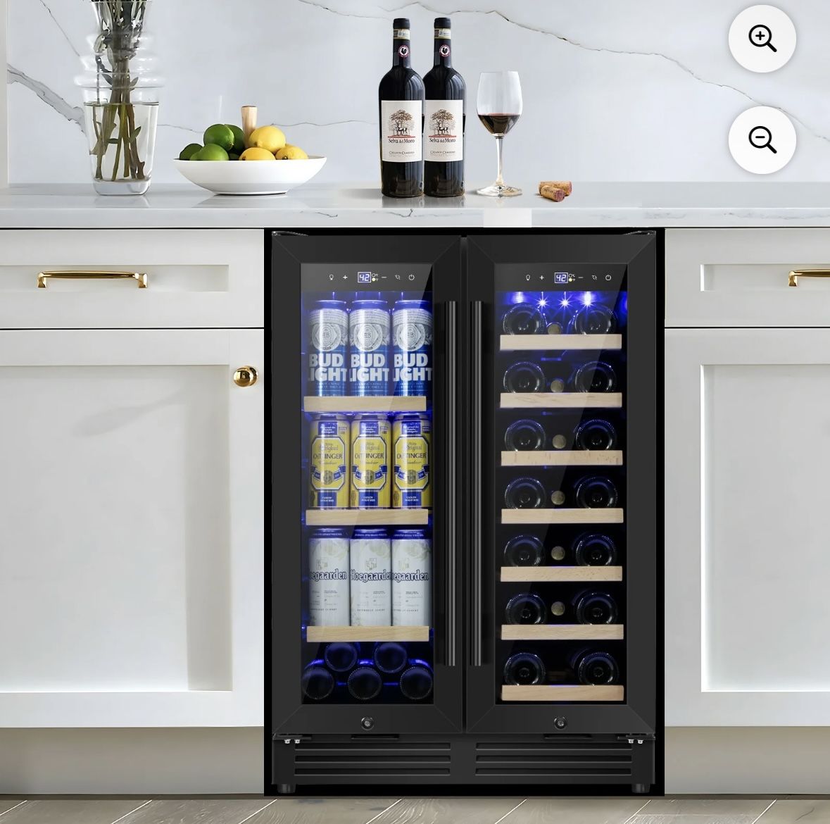 Nipus 24 inch Wine and Beverage Refrigerator,Dual Zone,Built-in Undercounter, 21 Bottles and 60 Cans,Black