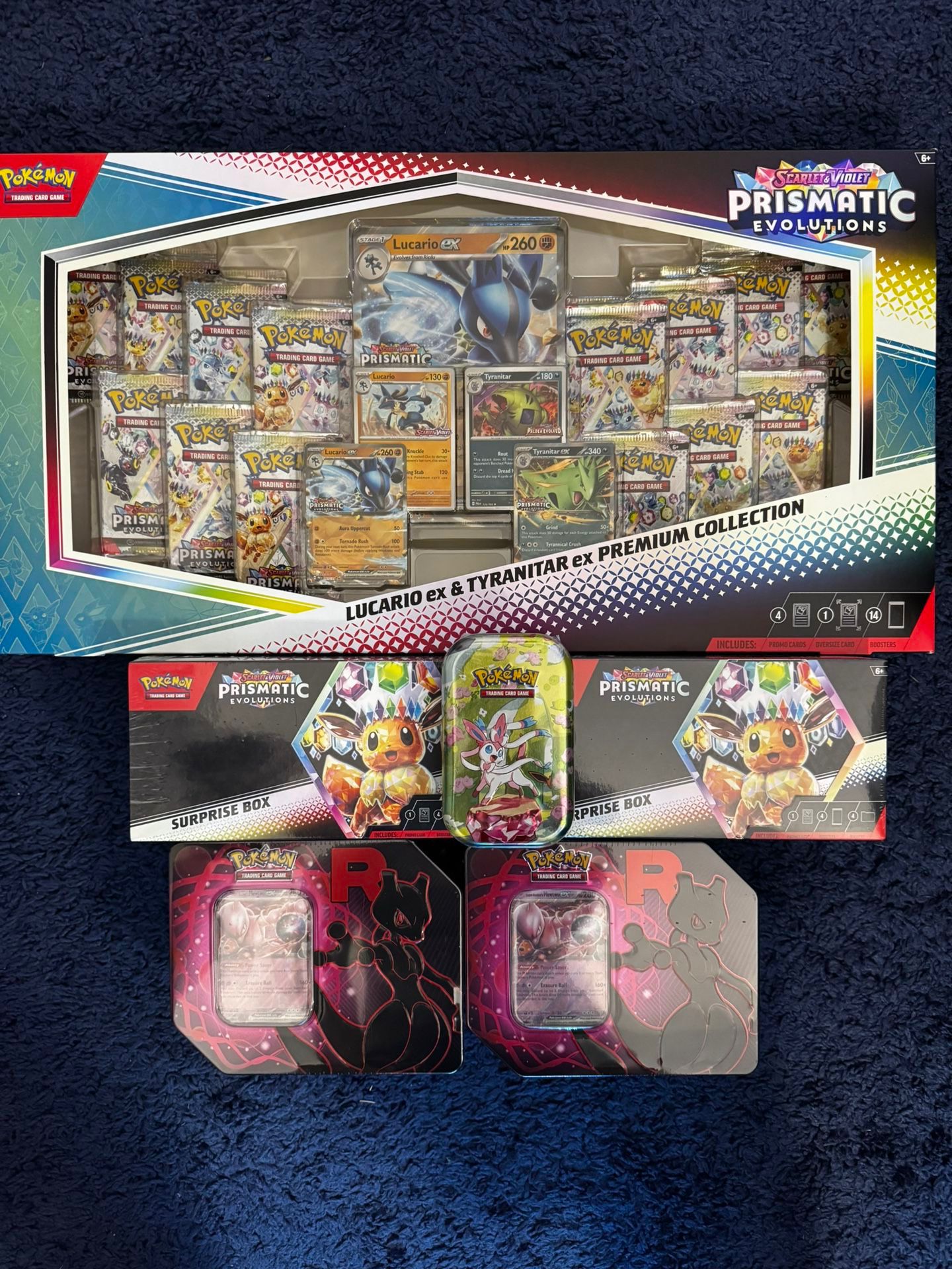 Pokemon Prismatic Lucario / 2 Surprise Boxes 2 Destined Rivals Mewtwo / 1 Free Tin  $300