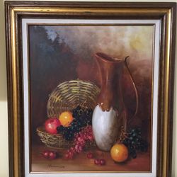 Vintage Oil painting Still Life Vase With Basket Of Fruit 