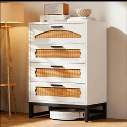 Mericonia 4 Drawer Rattan Dresser for Bedroom, Wood Tall Dresser for Closet with Metal Handles, Boho Nightstand Sets, Dressers & Chests of Drawers for