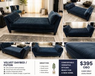 Authentic Living Spaces - Navy Blue Velvet Daybed / Futon Sofa – Excellent Condition – $395 OBO