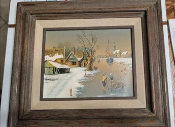 Vintage Mid Century Winter Ice Skaters Framed Canvas Art by R. Smith