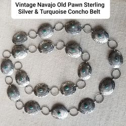 Vintage Navajo Old Pawn Sterling Silver & Turquoise Concho Belt

